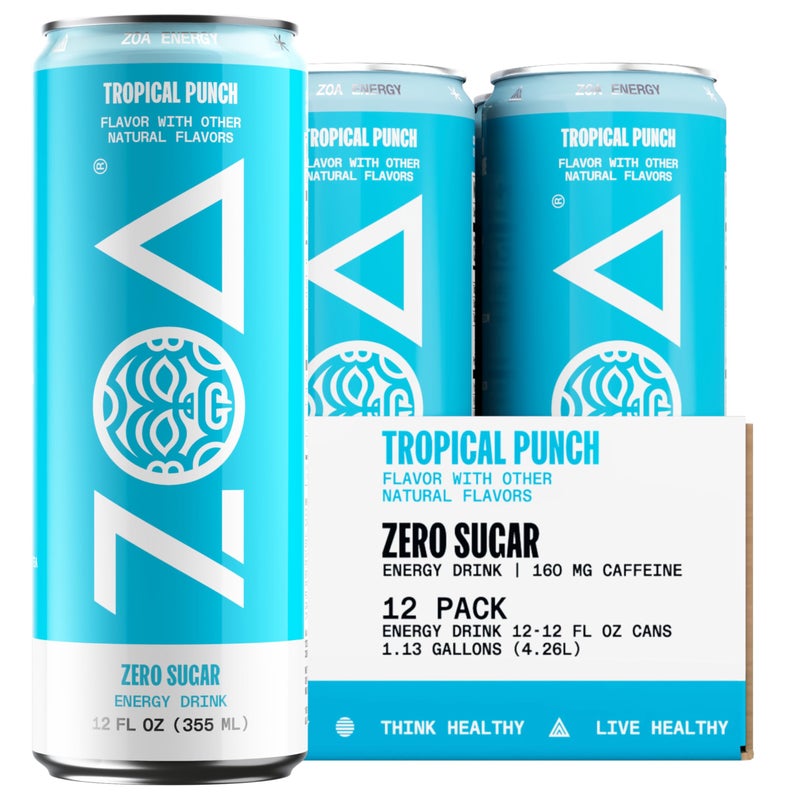 ZOA Zero Sugar Energy Drinks, Tropical Punch - Sugar Free with Electrolytes, Healthy Vitamin C, Amino Acids, Essential B-Vitamins, and Caffeine from Green Tea - 12 Fl Oz (12-Pack) - Image 1